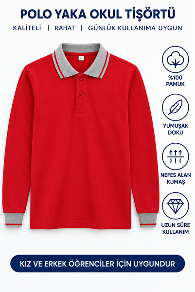 NEVALP Polo Yaka Pamuklu Uzun Kol Kırmızı Gri Çizgili Okul T-Shirt, Okul tişört