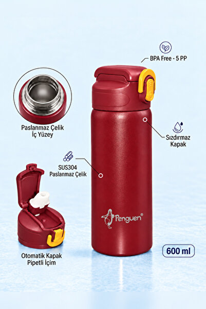 Penguen 600 ml Çelik Su Matarası Sporcu Matarası Çocuk Pipetli Çelik Suluk Sı...