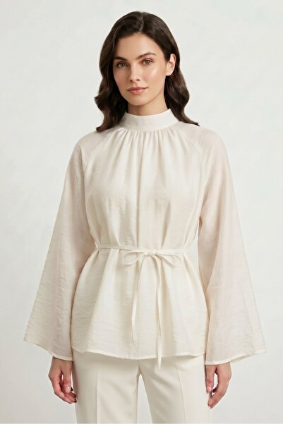 Saade Ecru High Collar Lace-Up Wide Sleeve Oversize Blouse