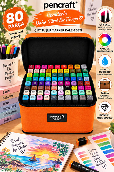 SYN AKSESUAR Pencraft 80’li Çift Uçlu Marker Boyama Kalemi Seti – Turuncu Taş...