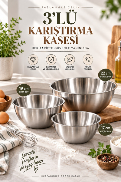 SYN AKSESUAR 3’lü Profesyonel Çelik Karıştırma Kasesi Seti 17-19-22 cm – Çok ...