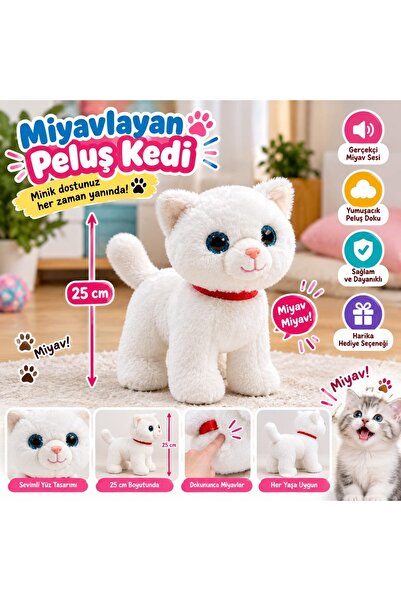 Seher Miyavlayan Peluş Kedi 25 cm Gerçekçi Miyav Sesi Yumuşak Sevimli Oyuncak