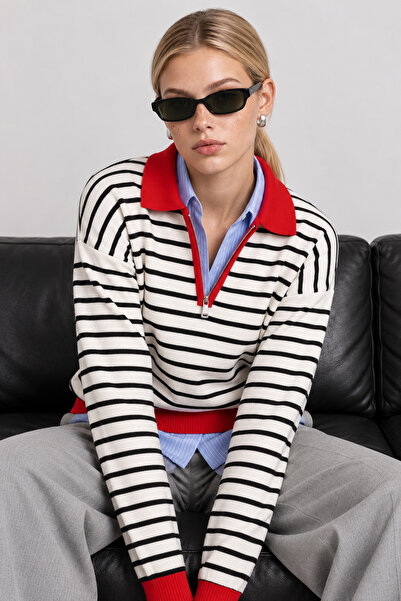 Lovelyİstanbul Striped Polo Collar Oversize Knitwear Sweater 4419 Lki̇0056 Ec...