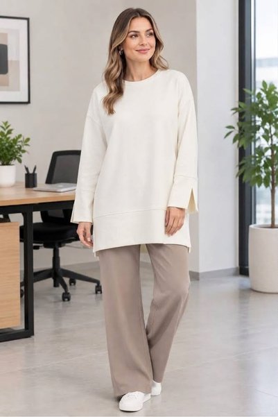 Loreen Tunik Bluz Basıc Yanları Ve Kolları Yırtmaç Detaylı EKRU