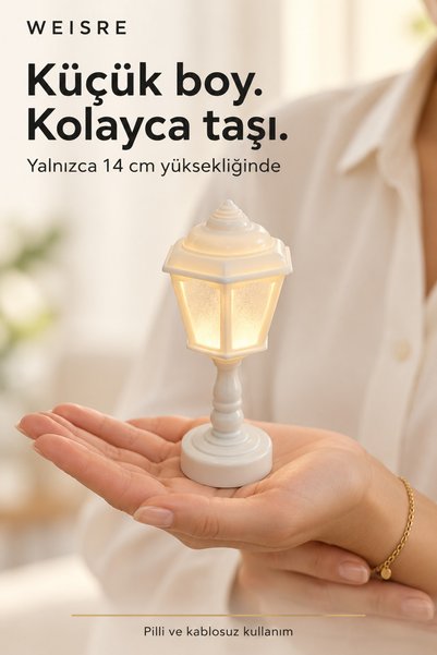 Weisre Pilli Mini Dekoratif Masa Lambası 14 cm Beyaz Fener Tasarımlı Sıcak LED Işıklı Gece Lambası