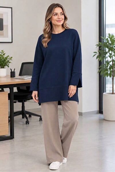 Loreen Tunic Blouse with Basic Slit Detail on Sides and Sleeves, Dark Blue