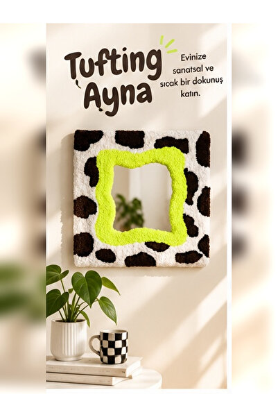 Tugrug Tufting Cow Desenli Dekoratif Ayna | El Yapımı Yumuşak Dokulu Retro Du...
