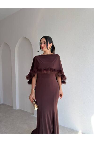 zoezoe Tüy Garnili Pelerin Yaka Kahverengi Balık Elbise