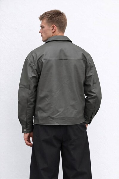 OHM OHEPMODA Oversize Shirt Collar Double Pocket Men's Leather Jacket