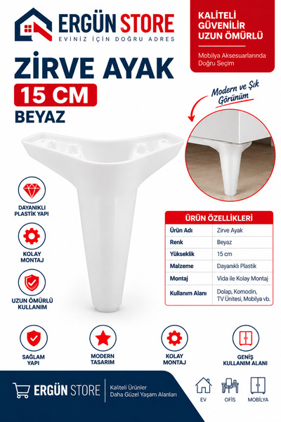 Ergün Store Mobilya Ayağı Plastik Ayak 15 Cm Zirve Beyaz 1 Adet Vida Dahil