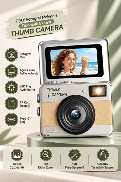 Mini Dijital Fotoğraf Makinesi 68MP | 180° Dönebilir Flip Ekran | Selfie ve Vlog Kamera | 16X Dijital Zoom | LED Flaş | SD Kart Hediyeli