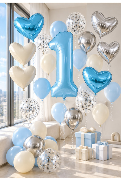 baloss fer Baby Blue Cream Deluxe Açık Mavi Krem Balon Seti 27 Parça Mavi Rak...