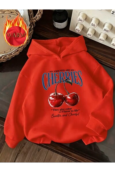 yombaa سويت شيرت بقلنسوة مطبوع عليه "Letter Cherry" مبطن بالصوف لموسم الخريف ...