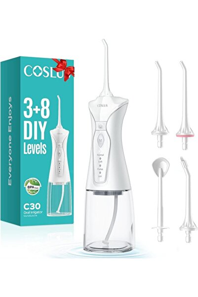 COSLUS جهاز تنظيف الأسنان بالماء المحمول C30، 4 أوضاع، إعدادات محسنة، أبيض