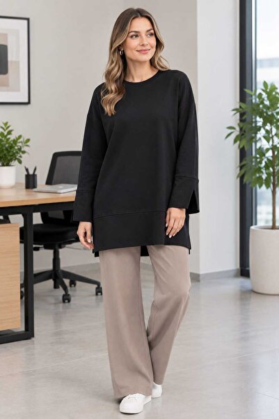 Loreen Tunic Blouse with Basic Slit Detail on Sides and Sleeves Black
