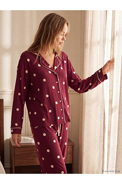 LC Waikiki Rmz Gi̇yi̇m Farkiyla Shirt Roba Collar Polka Dot Women's Pajama Set