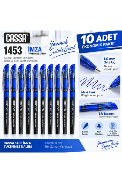 Cassa 1453 İmza Tükenmez Kalem Mavi 1.0 mm – 10’lu Ekonomik Paket