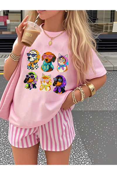 SUNFREE 80's Concept Cat and Dog Printed Oversize Crew Neck Short Sleeve Tshirt