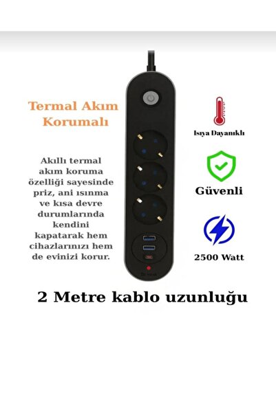 Blic 3’lü Akım Korumalı Uzatmalı Priz – 2x USB-A + 1x Type-C Hızlı Şarj Giriş...