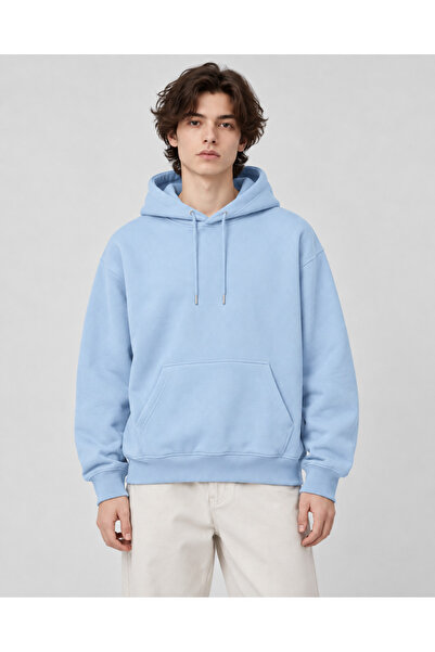 YANKI STUDİO Unisex Oversize Kapüşonlu Sweatshirt Bebe Mavisi Kanguru Cepli 3...