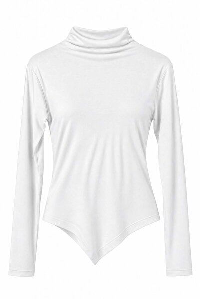 Juuuj White Stretchy Viscose Fabric Turtleneck Long Sleeve Asymmetrical Cut M...