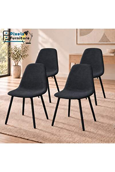 PixelsFurniture مجموعة 4 كرسي سفرة قماش كتان من بكسل الأثاث، بمسند للظهر مع أ...