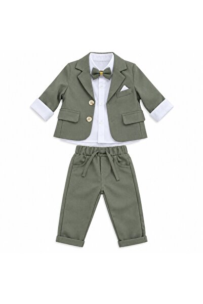Pure Boutique Costum bebe baiat verde kaki 3 piese cu sacou camasa si pantaloni elegant