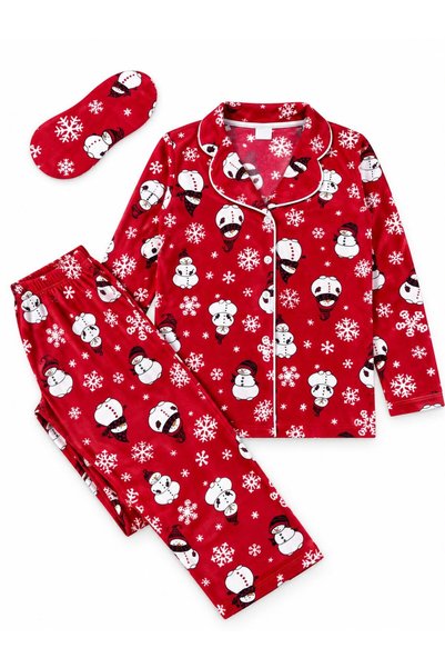 ALİŞ KİDS Red Suede Fabric Snowman Snowflake Patterned Shirt Collar Pajama Set Suitable for Girl and Mother