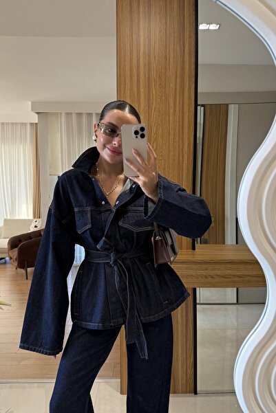 mega lucky Premium Koyu Lacivert Bağlamalı Denim Takım Oversize Ceket ve Yüks...