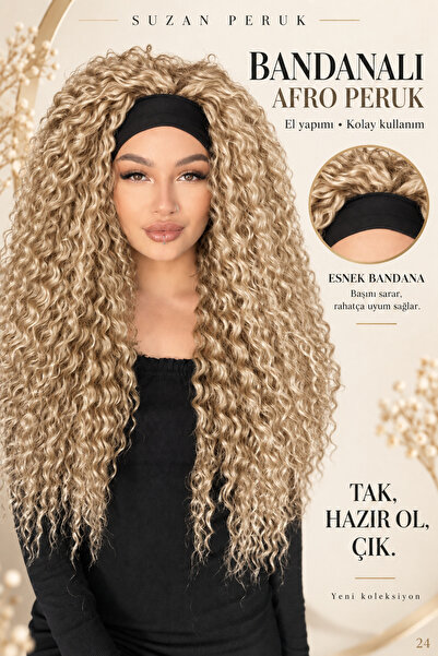 Suzan Peruk Bandanalı Afro Kıvırcık Peruk- Kabarık afro El yapımı Fiber Kanek...