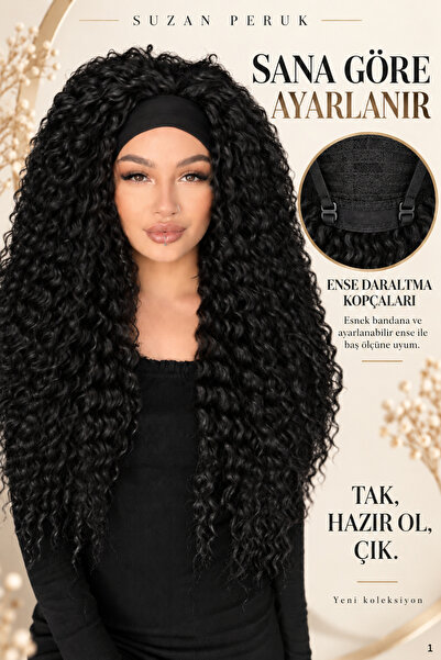 Suzan Peruk Bandanalı Afro Kıvırcık Peruk- Kabarık afro El yapımı Fiber Kanek...