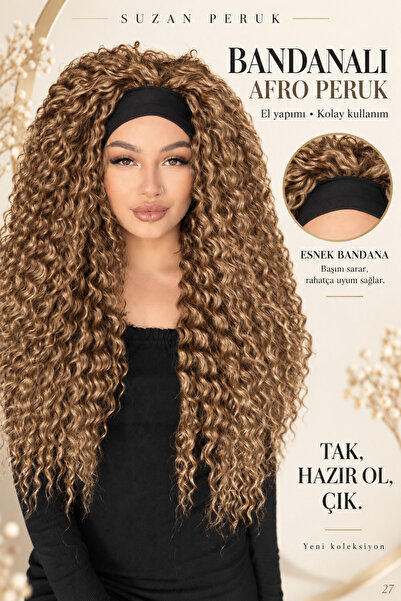 Suzan Peruk Bandanalı Afro Kıvırcık Peruk- Kabarık afro El yapımı Fiber Kanek...