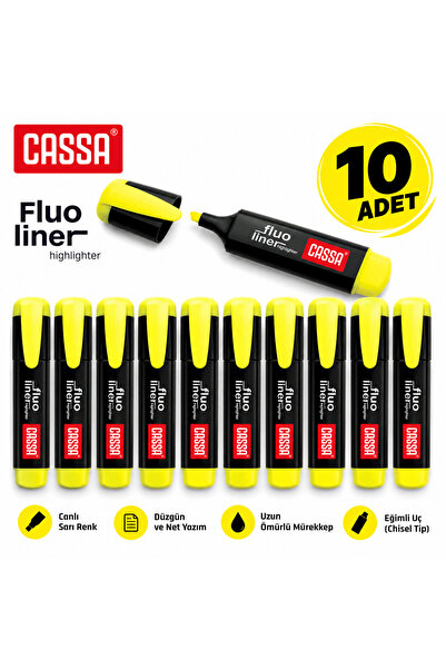 Cassa Fluo Liner Sarı Fosforlu Kalem 10’lu Set – Canlı Renk