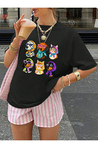 SUNFREE 80's Concept Cat and Dog Printed Oversize Crew Neck Short Sleeve Tshirt