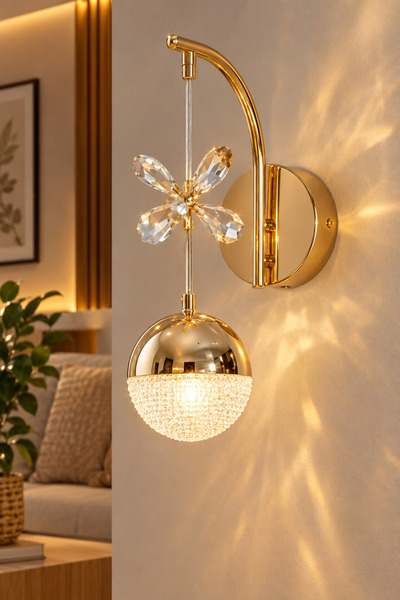 EYM Home Design Gold Cam Kristal Kelebekli 3 Renk Modlu LED Duvar Apliği