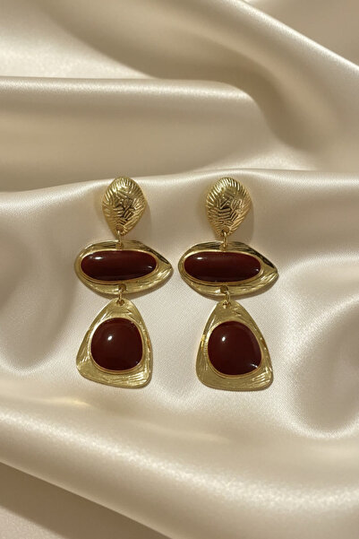 BHR AKSESUAR Altın Rengi Bordo Sallantılı Retro Küpe (6 cm)