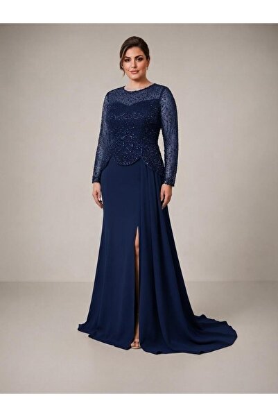 NOVERA DRESS Novera Lacivert Sürpriz Yırtmaçlı Üstü Pul Payet Detaylı Davet v...