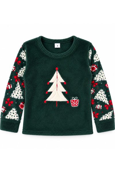 ALİŞ KİDS Green Fleece Pine Tree Patterned Christmas Themed Winter Pajama Set Suitable for Girls and Mothers