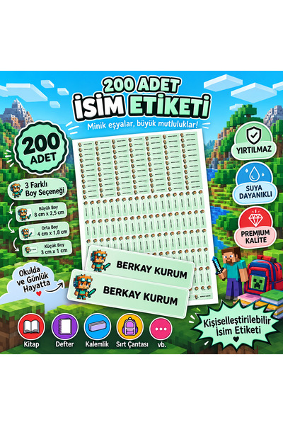 StickerLAB Minecraft Temalı Kişiye Özel Okul Etiketi 200 Adet | Kitap Defter ...