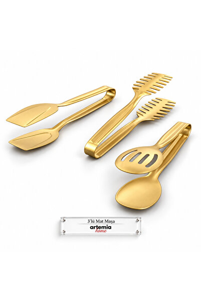 Artemia Home 3’lü Gold Mat Servis Maşa Seti 18/10 Paslanmaz Çelik – Salata, M...