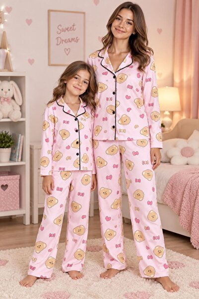 ALİŞ KİDS Pink Teddy Bear Patterned Suede Fabric Shirt Collar Buttoned Pajama...