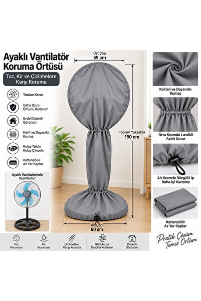 Magiclady Düz Gri Ayaklı Vantilatör Koruma Örtüsü 150 cm – Toz ve Kir Koruyuc...