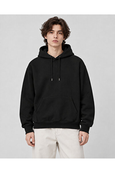 Unisex Oversize Kapüşonlu Sweatshirt Siyah Kanguru Cepli 3 İplik İçi Şardonlu Basic Hoodie