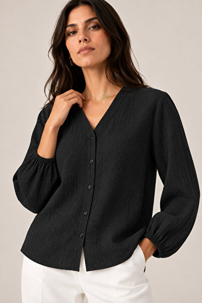 Nuevo Women's Black V-Neck Buttoned Long Sleeve Textured Blouse Shirt New Season