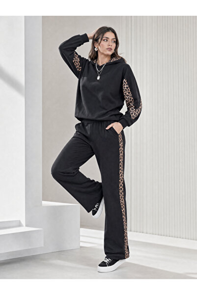 Valeria Butik Kadın Siyah Leopar Şerit Detaylı Kapüşonlu Sweatshirt Geniş Paç...