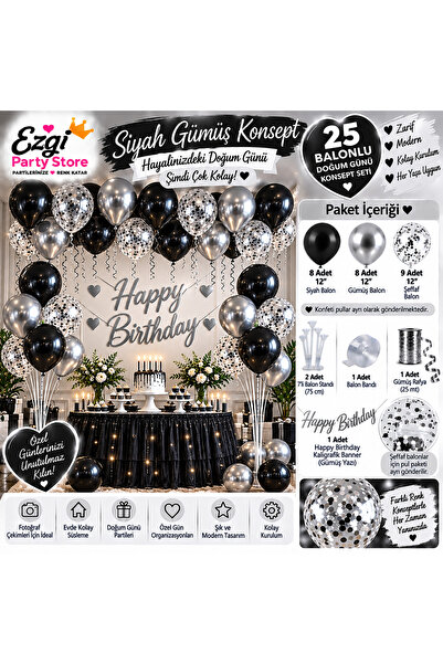 Ezgi Party Store 25 Balonlu Siyah Gümüş Doğum Günü Konsept Seti 2 Adet 7'li B...