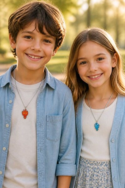 Monalisa Home Double Silver Chain Children's Necklace with Fire and Water Fig...