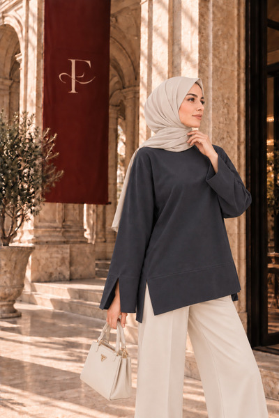 Fioria Kadın Füme Modal Kumaş Yırtmaç Detaylı Bisiklet Yaka Oversize Tesettür...