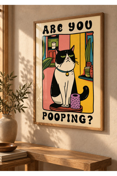 Viela Home Ahşap Çerçeveli Are You Pooping Poster – Komik Kedi Banyo ve Tuval...