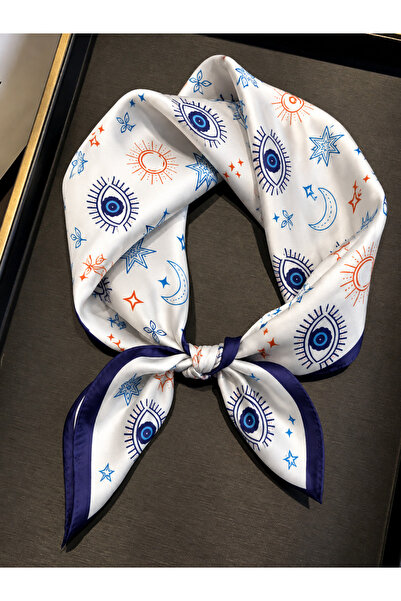 NAVO STUDIO Women's Evil Eye Beaded Patterned Satin Scarf 50X50 cm White Blue...